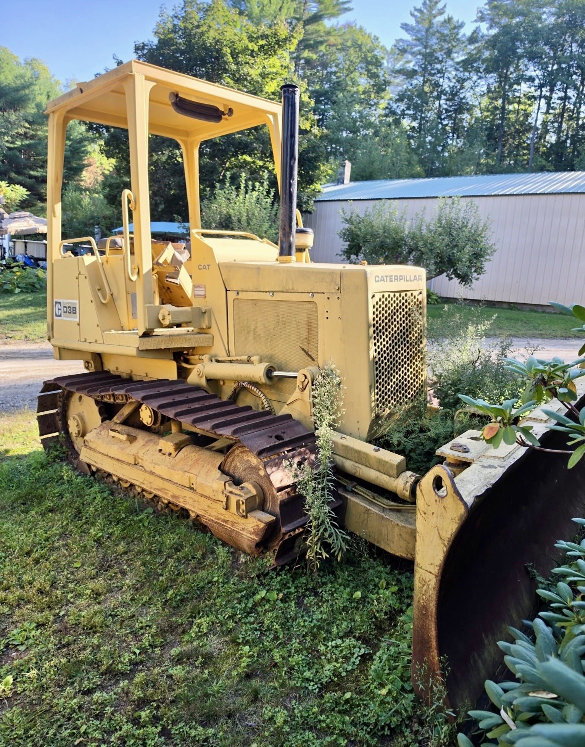 Vintage Caterpillar D3B bulldozer resting in the grass